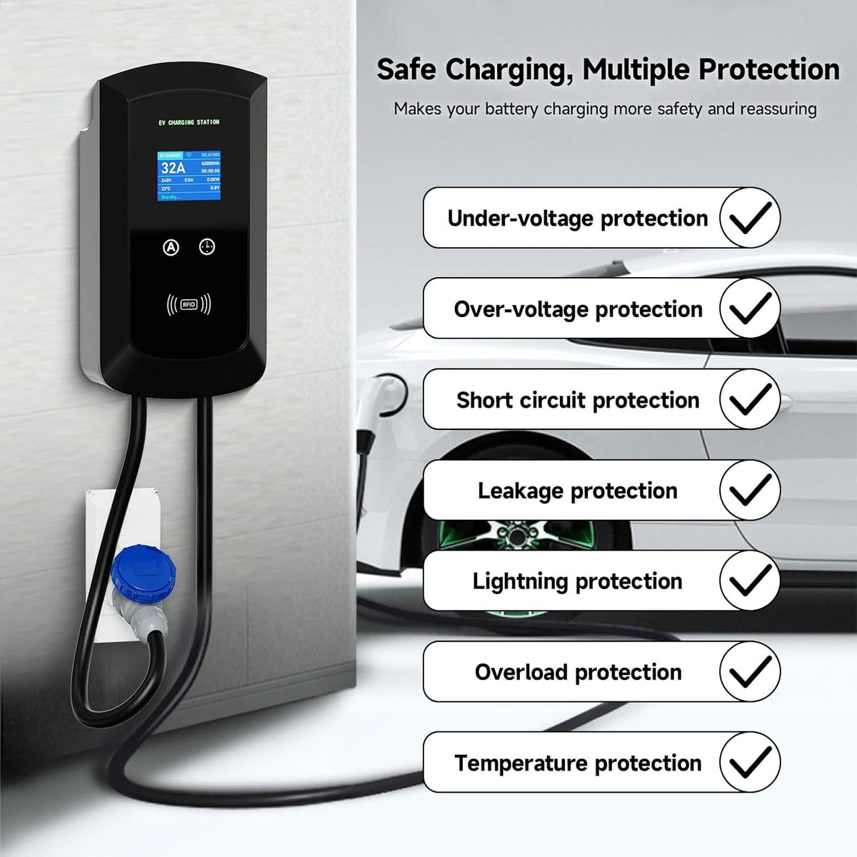 EV-oplader Type 2 – Laadkabel EV – Mobiele Lader – Wallbox Oplader – EV Laadstation – Instelbare Stroom 8-32A – Weerbestendig IP65