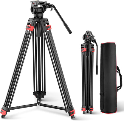 NEEWER Basic 74 inch videostatief met vloeistofkop, metalen camerastatief met gladde wrijvingsdemping, middenniveau, snelkoppelingsplaat compatibel met Manfrotto 501, max. belasting 18 kg, TP37