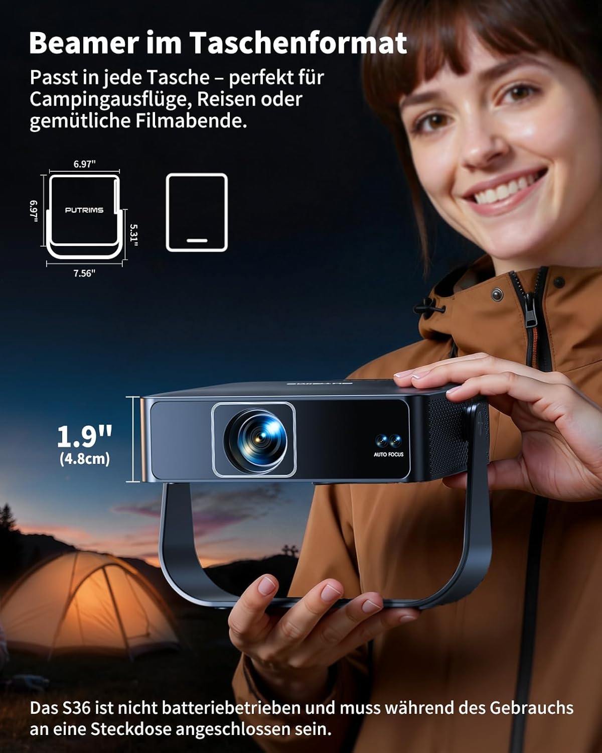 Smart beamer, autofocus, trapeziumcorrectie, mini-beamer, 360° draaibaar, 1080p Full HD, WiFi6, bluetooth, thuisbioscoop/outdoor projector