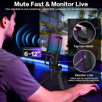 USB-Microfoon – Condensatormicrofoon – Gamingmicrofoon – Podcastmicrofoon – Streamingmicrofoon – RGB-Verlichting – Tap-To-Mute