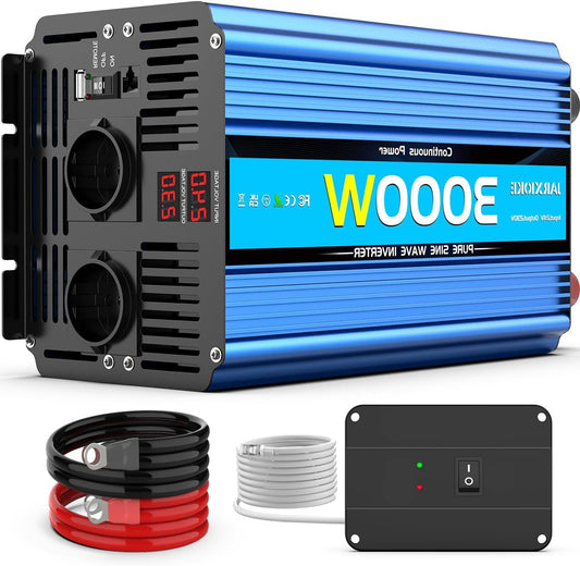 Omvormer 24V Naar 230V – Stroomconverter – Spanningsomvormer – DC Naar AC Omvormer – Power Inverter – 3000W Pure Sinusgolf – Bedrade Afstandsbediening & Dubbele Stopcontacten