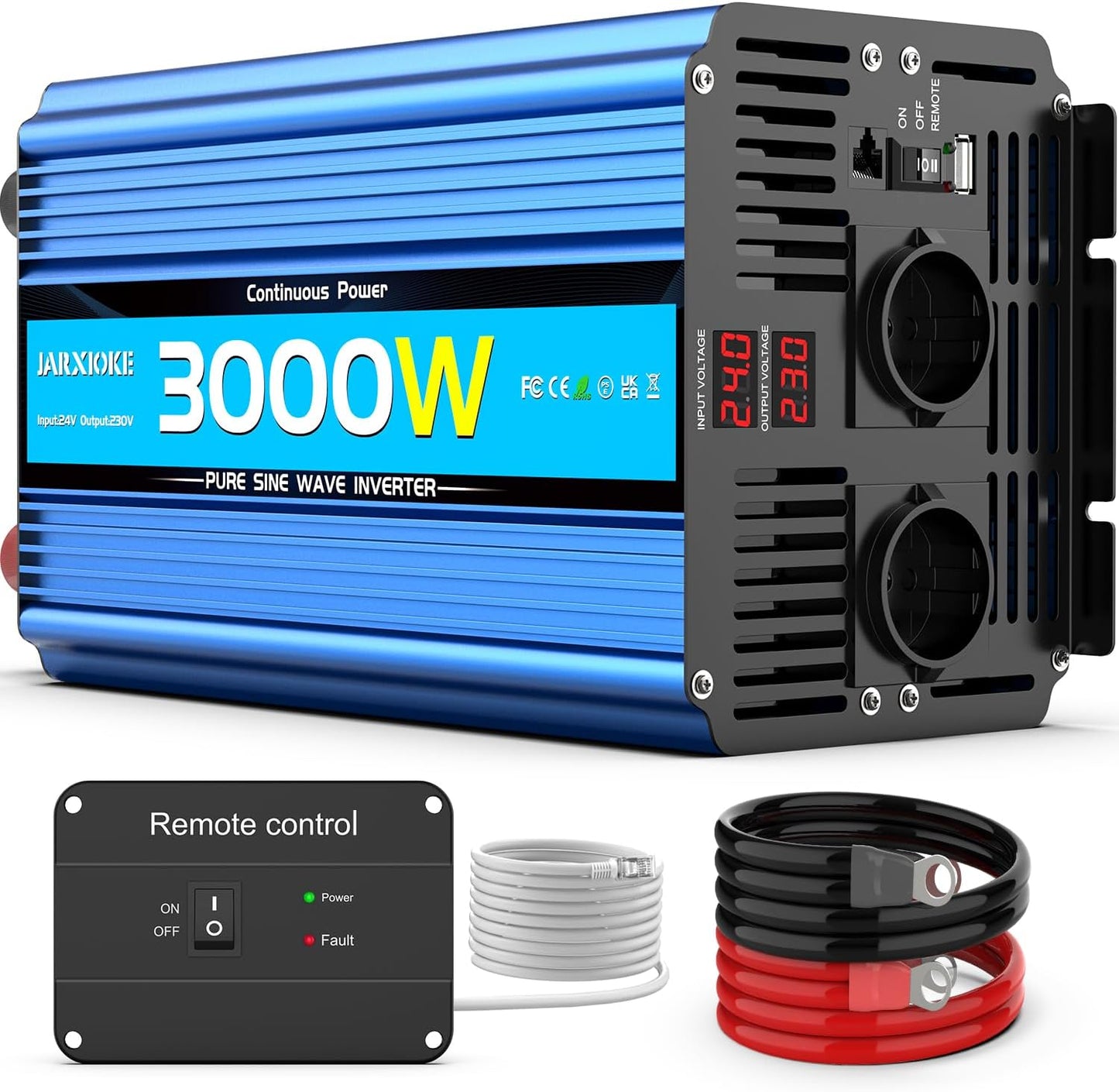 Omvormer zuivere as 3000 W omvormer 24 V 220 V / 230 V stroomomvormer - 2 AC-stopcontacten en USB-poorten en aansluitingen met hoge stroomsterkte voor auto, caravan, boot