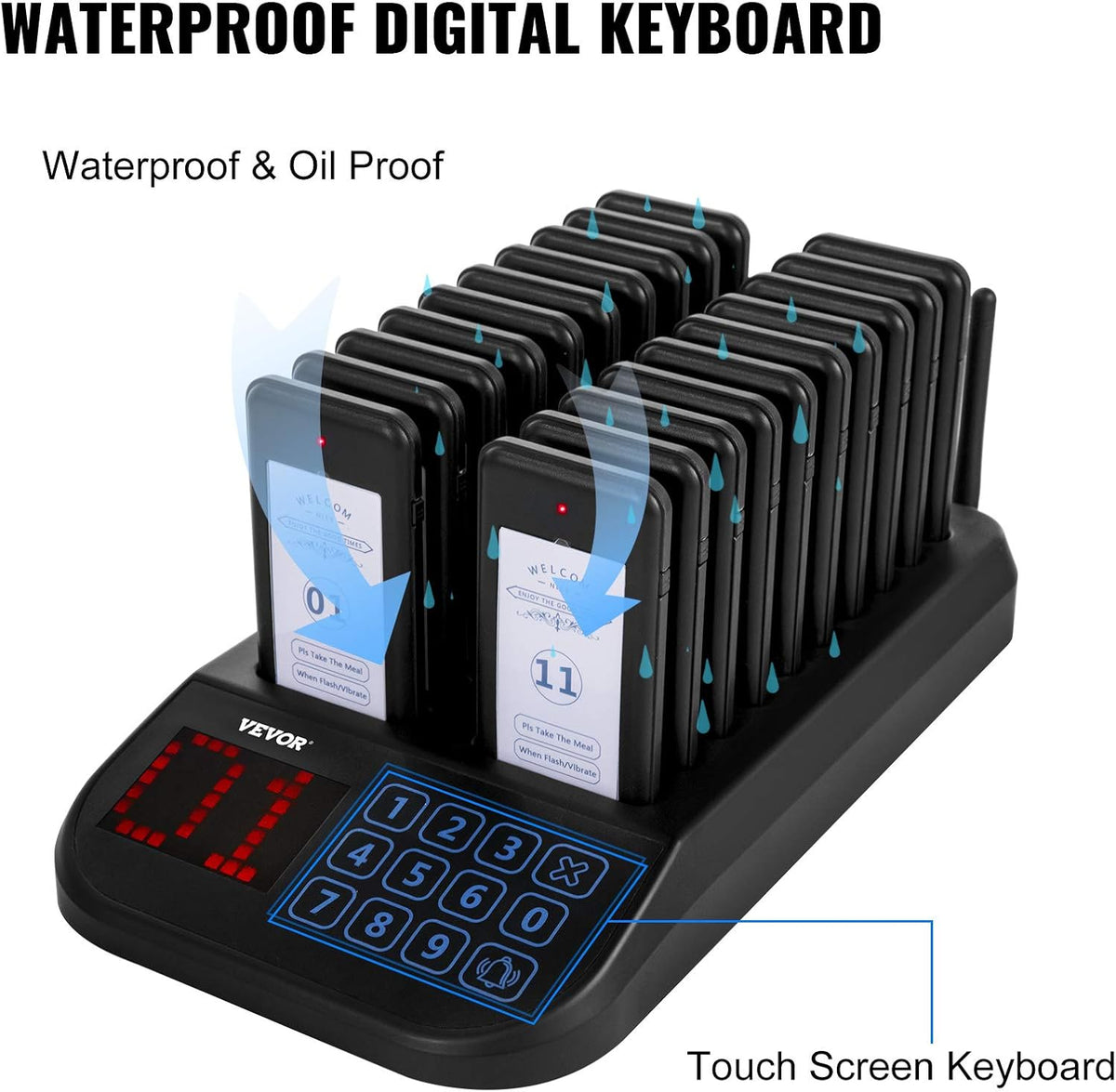 Vevor - Restaurant Pager Systeem - Walkie Talkie - Portofoon - Draadloos Oproepsysteem - Touchscreen - 500M - Oproepsysteem Horeca - Restaurant Zoemer - 16 Piepers - Zwart
