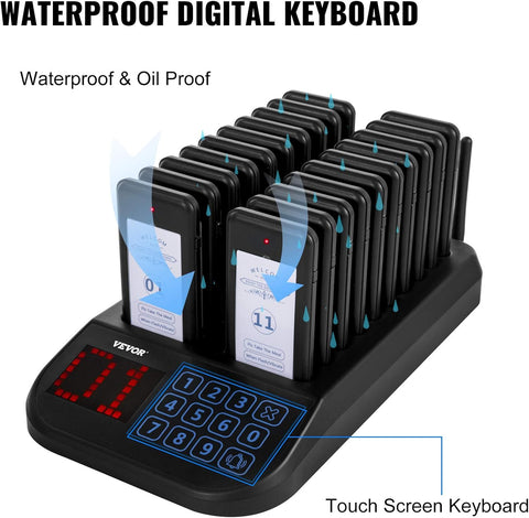 Vevor - Restaurant Pager System - Walkie Talkie - Two-way Radio - Wireless Call System - Touchscreen - 500M - Hospitality Call System - Restaurant Buzzer - 16 Pagers - Black