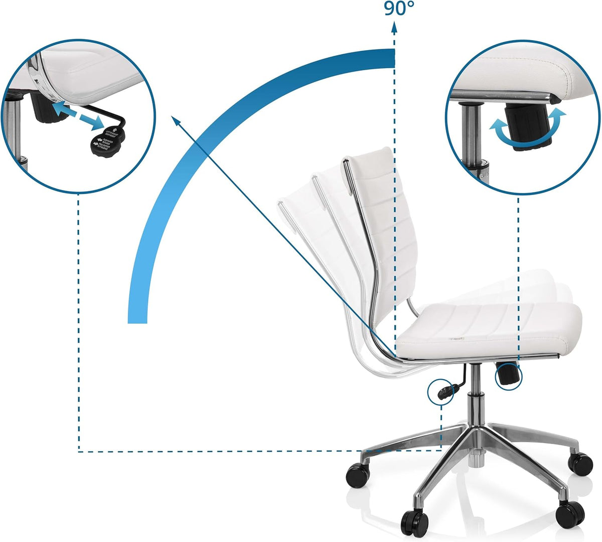 hjh OFFICE 720003 professionele bureaustoel TRISHA kunstleer wit moderne draaistoel zonder armleuningen, gewatteerde bekleding