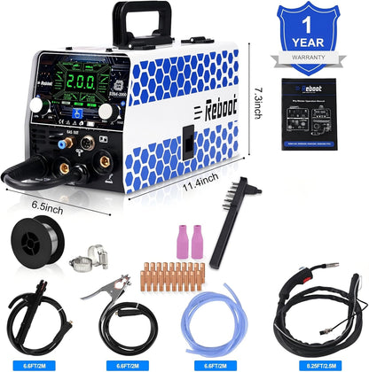 Reboot MIG-lasapparaat 200 A, ideaal voor beginners, 5-in-1 multiprocess-lasmachine (MIG gas/gasless flux core/lift TIG/stick/spot), 230 V omvormer met premium groot led-display - RBM2000 Pro
