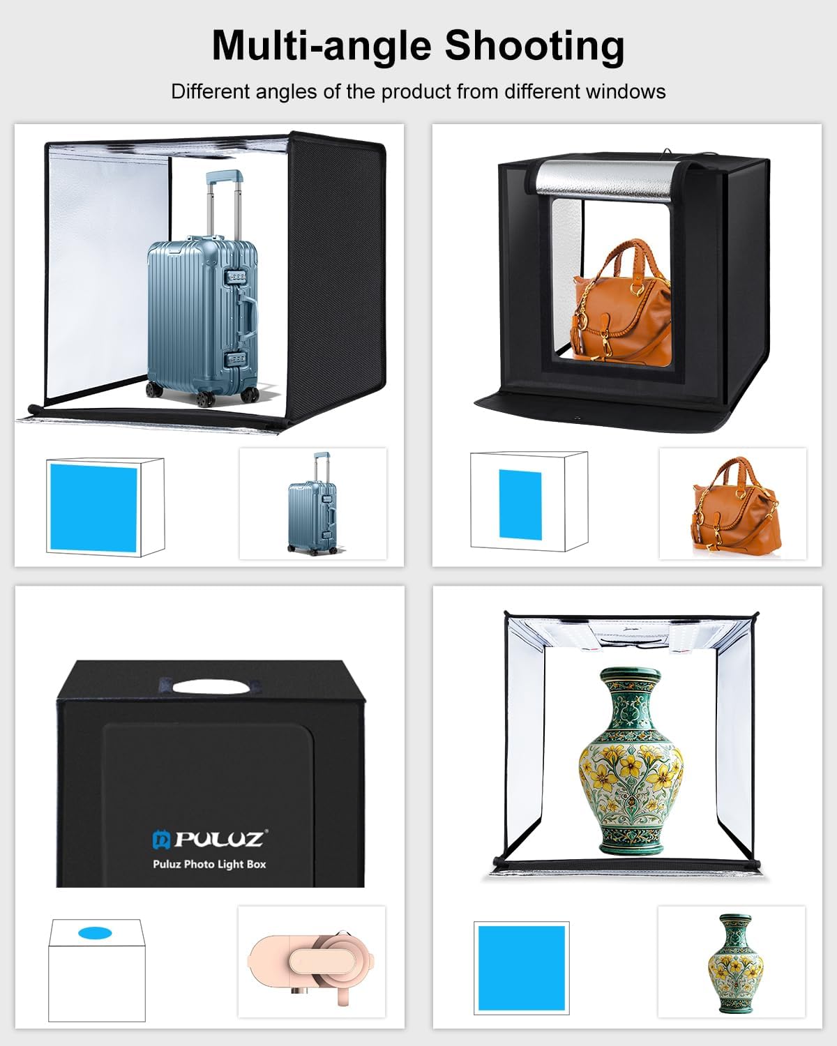 PULUZ Fotostudioset, 60 x 60 cm, draagbaar, groot, voor productfotografie, lichtgevende tent, 5500 K, dimbaar, witte ledverlichting, met 6 achtergronden