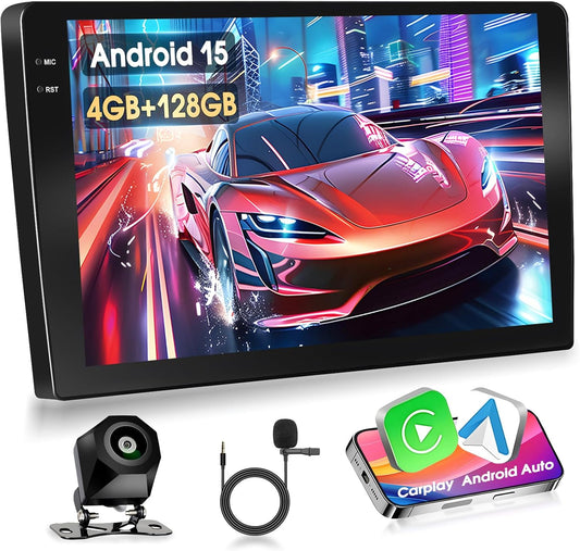 Autoradio, Android 4G + 128G, 9 inch, 1280P HD, inclusief touchscreen, 2 Din autoradio, Android 15 stereo radio, IOS Carplay, Bluetooth 5.0, GPS, WiFi, 2 USB en back-upcamera AHD 720P