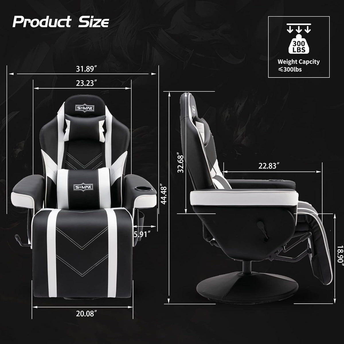 S*MAX Gaming stoel met voetensteun, gamingstoel, hoge rugleuning met verstelbare rugleuning, bekerhouder, zijtas, gamerstoelen voor volwassenen, zwart, wit, X large