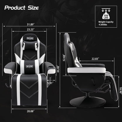 S*MAX Gaming stoel met voetensteun, gamingstoel, hoge rugleuning met verstelbare rugleuning, bekerhouder, zijtas, gamerstoelen voor volwassenen, zwart, wit, X large