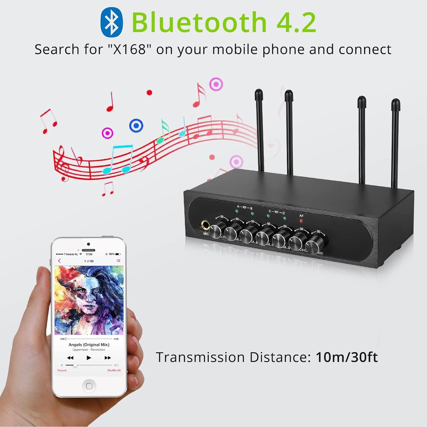 LinKFOR 4-kanaals UHF-microfoonsysteem met 4 draadloze handmicrofoons, 50 x 4 kanalen selecteerbare frequentie, echo, Bluetooth, AUX, ideaal voor DJ, zang, kerk, bruiloften