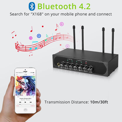 LinKFOR 4-kanaals UHF-microfoonsysteem met 4 draadloze handmicrofoons, 50 x 4 kanalen selecteerbare frequentie, echo, Bluetooth, AUX, ideaal voor DJ, zang, kerk, bruiloften