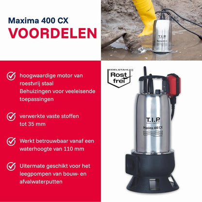 T.I.P. Maxima 400 CX 30140 Vuilwaterpomp, bouwpomp, debiet tot 24.000 l/u, opvoerhoogte max. 9 m/druk max. 0,9 bar, 950 W, met gegoten loopwiel, vergrendelbare vlotterschakelaar