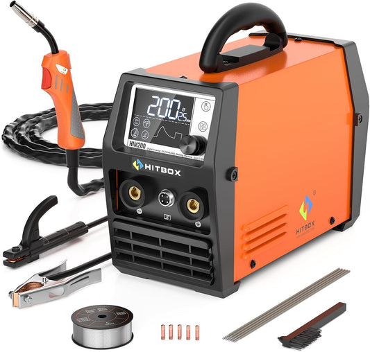HITBOX Gasloos Flux Cored Lasapparaat, 200A 230V, 4-in-1 MIG/MMA/ARC/Lift TIG/Spool Gun Lasser (HIM200)