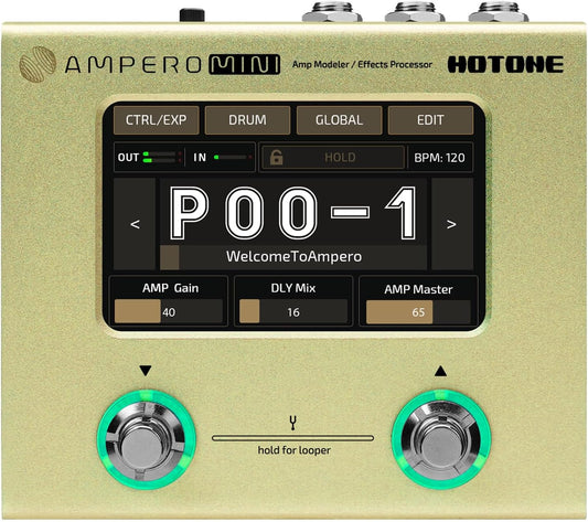 Hotone Gitaar bas multi-effecten processor touchscreen gitaar bas ampp modellering IR cabinets simulatie multi-taal stereo OTG USB audio interface Ampero Mini (Mustard)