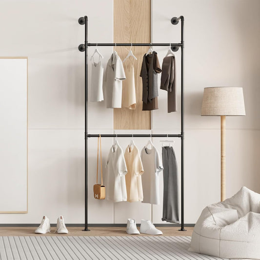 Metalen Kledingrek – Wandgarderobe – Kledinghanger – Kapstok – Garderoberek – Industrieel Design – Compact 105x220 cm – Sterk Zwart Gecoat Ijzer