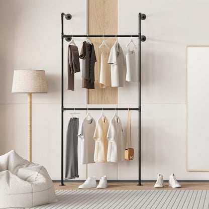 Kledingrek van metalen buis, moderne wandgarderobe, inloopkast, enkele zuil met twee lagen, 105 x 220 cm, zwart