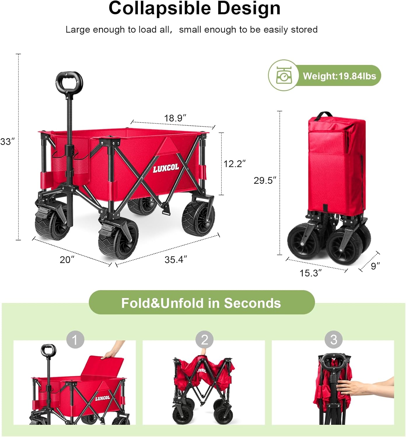LUXCOL Opvouwbare vouwwagen, zware bruikbare strandwagen wagen voor zand met grote wielen, verstelbare handgreep en bekerhouders voor winkelen, kamperen, tuin en buiten