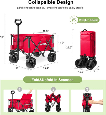 LUXCOL Opvouwbare vouwwagen, zware bruikbare strandwagen wagen voor zand met grote wielen, verstelbare handgreep en bekerhouders voor winkelen, kamperen, tuin en buiten