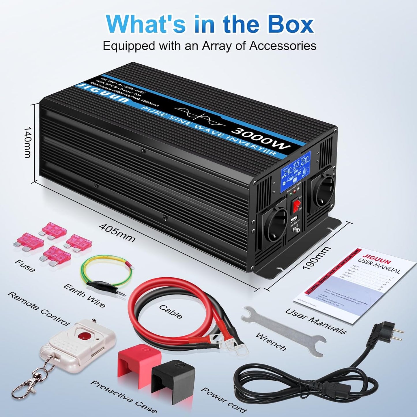 JIGUUN 3000W omvormer 24v naar 230v zuivere sinus met 20A lader en net prioriteit circuit en UPS, 2 EU-stopcontacten, draadloze afstandsbediening en LCD-display piekvermogen 6000W