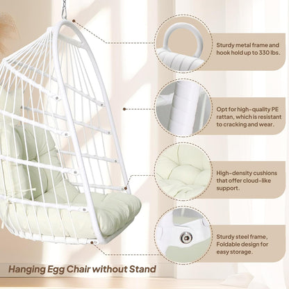 Chihee Opvouwbare rieten rotan hangstoel schommel - binnen/buiten patio rieten hangstoel met roestvrijstalen hangset ketting schakel UV-bestendig kussen voor slaapkamer/balkon