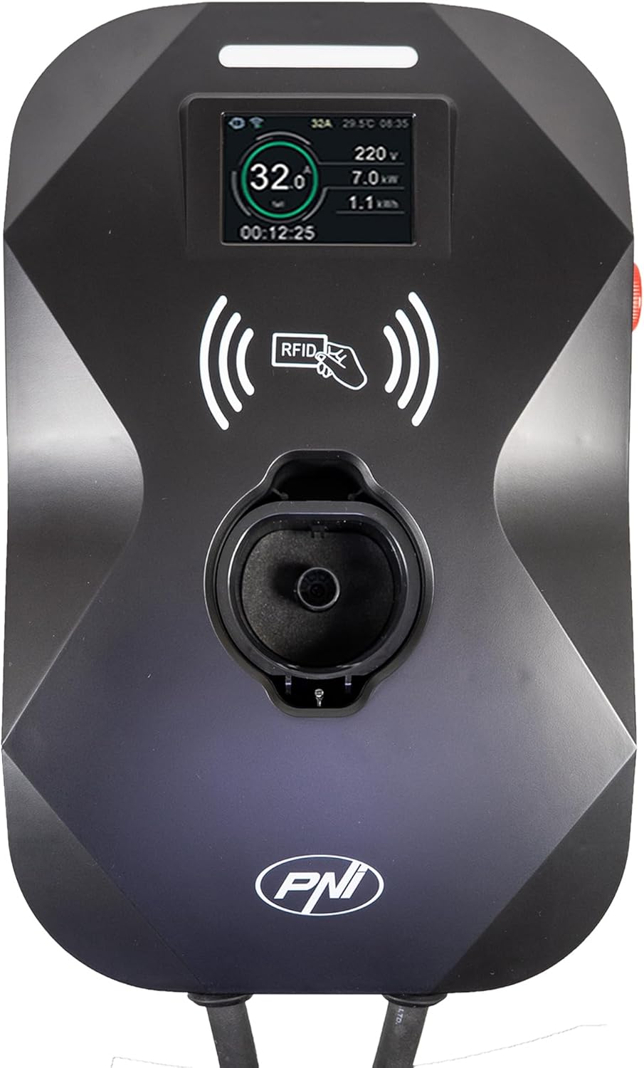 PNI KW11 16A, 11KW laadstation, voor elektrische auto's, 85V - 415V, 7-pins Type2-kabel, 3,5 inch scherm, met Bluetooth, laadactivering via app en RFID-kaart, IP55
