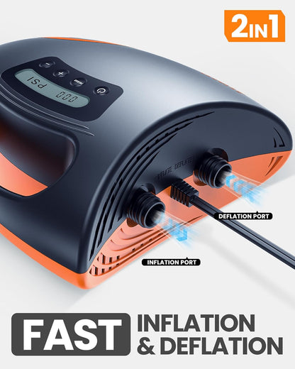 OutdoorMaster The Shark Hogedruk SUP-pomp - Elektrische luchtpomp met 20 PSI actief koelsysteem Slimme tweetraps inflatie en automatische uitschakeling voor opblaasbaar peddelbord, boten, watersport-opblaasboten met C7- en H3-klep