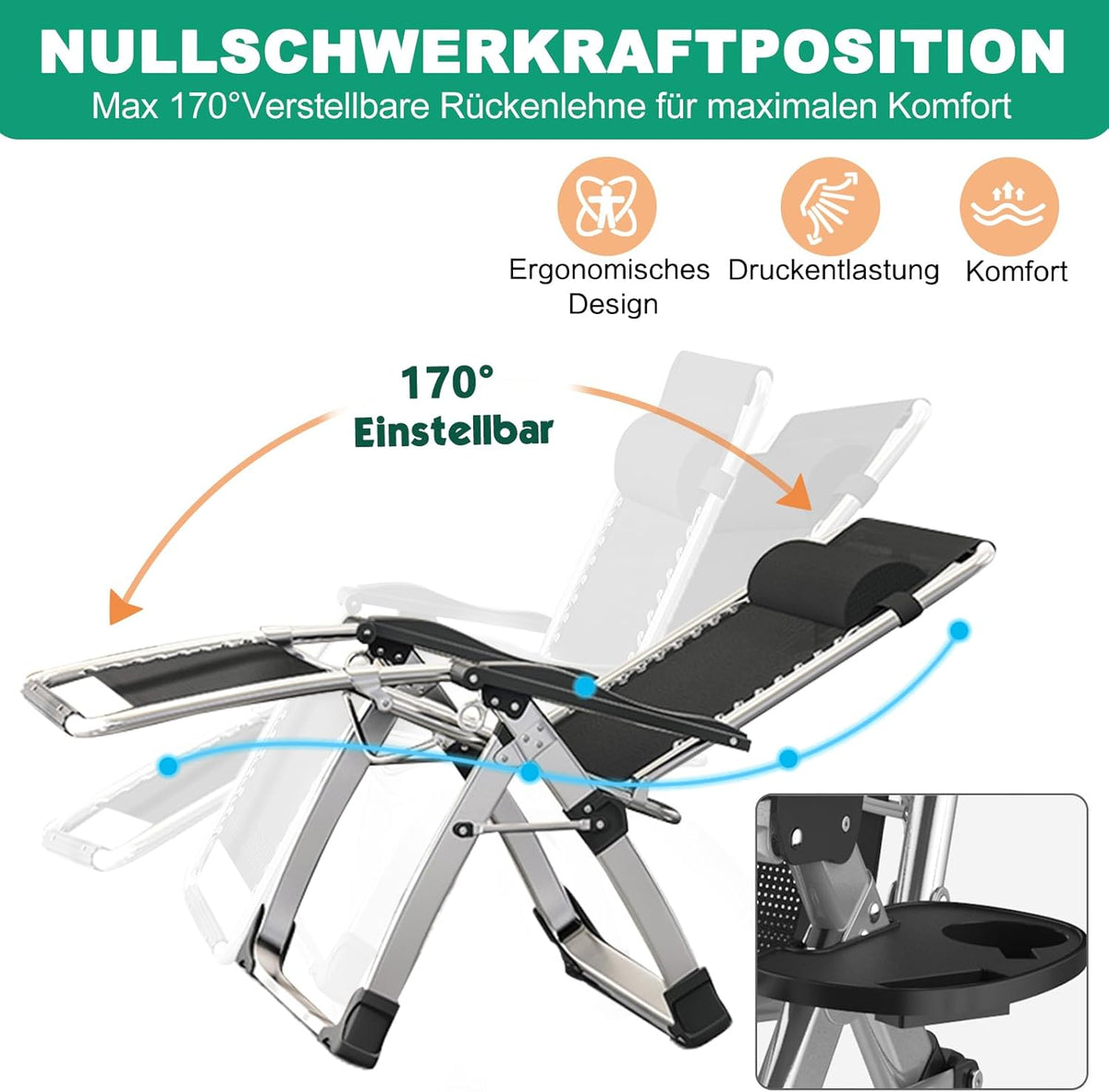 Ligstoel – Ligstoel Lounger – Tuinstoel – Relaxstoel – Opvouwbaar – Verstelbaar 90°-170° – Carbonstaal Frame – Inclusief Kussen en Zijzak
