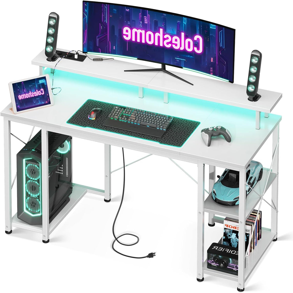 Coleshome Gaming Table with LED Lighting, 120x50 cm Computer Table with 2 Sockets & 2 USB Ports, Gaming Desk with Monitor Stand & Storage Space Home Office Desk White - QUORE