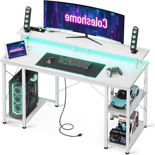 Coleshome Gaming Table with LED Lighting, 120x50 cm Computer Table with 2 Sockets & 2 USB Ports, Gaming Desk with Monitor Stand & Storage Space Home Office Desk White - QUORE