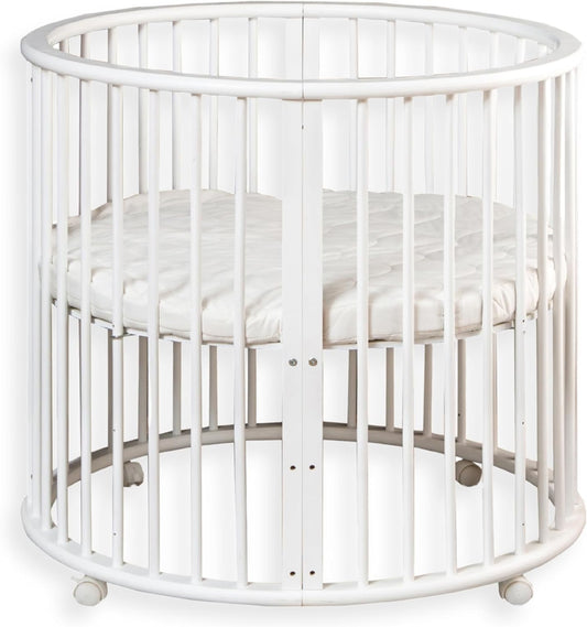 Baby Box – Round Wooden Play Box – Playpen – Includes Mattress – 91x91x85cm – White - QUORE