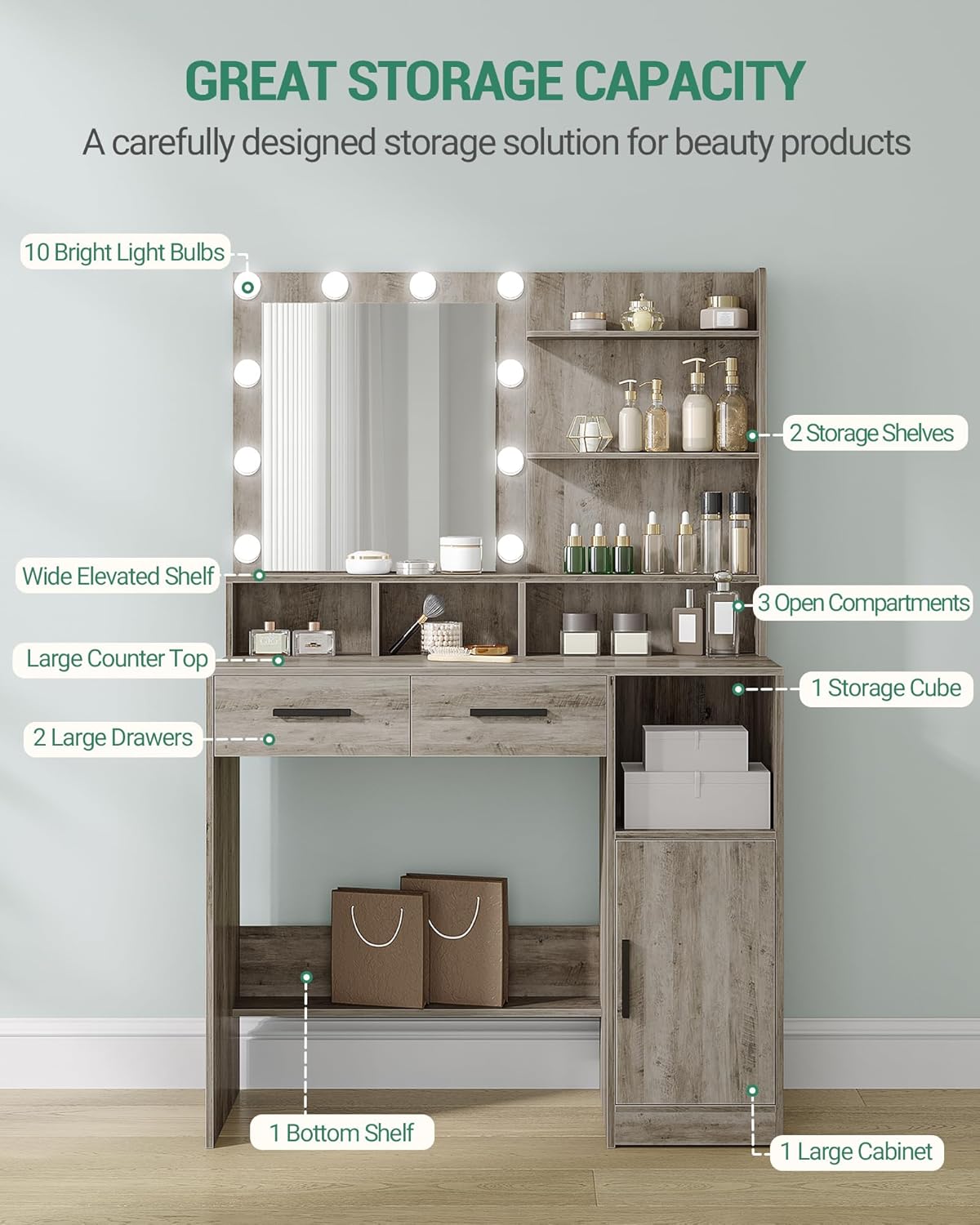 Hzuaneri Dressing Table with Mirror and 10 LED Lamps, Makeup Table with 3 Shelves and 4 Open Compartments, Dressing Table with 2 Drawers and Cabinet, 3 Adjustable Luminosities,GreigeDT32505X