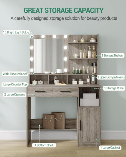 Hzuaneri Dressing Table with Mirror and 10 LED Lamps, Makeup Table with 3 Shelves and 4 Open Compartments, Dressing Table with 2 Drawers and Cabinet, 3 Adjustable Luminosities,GreigeDT32505X
