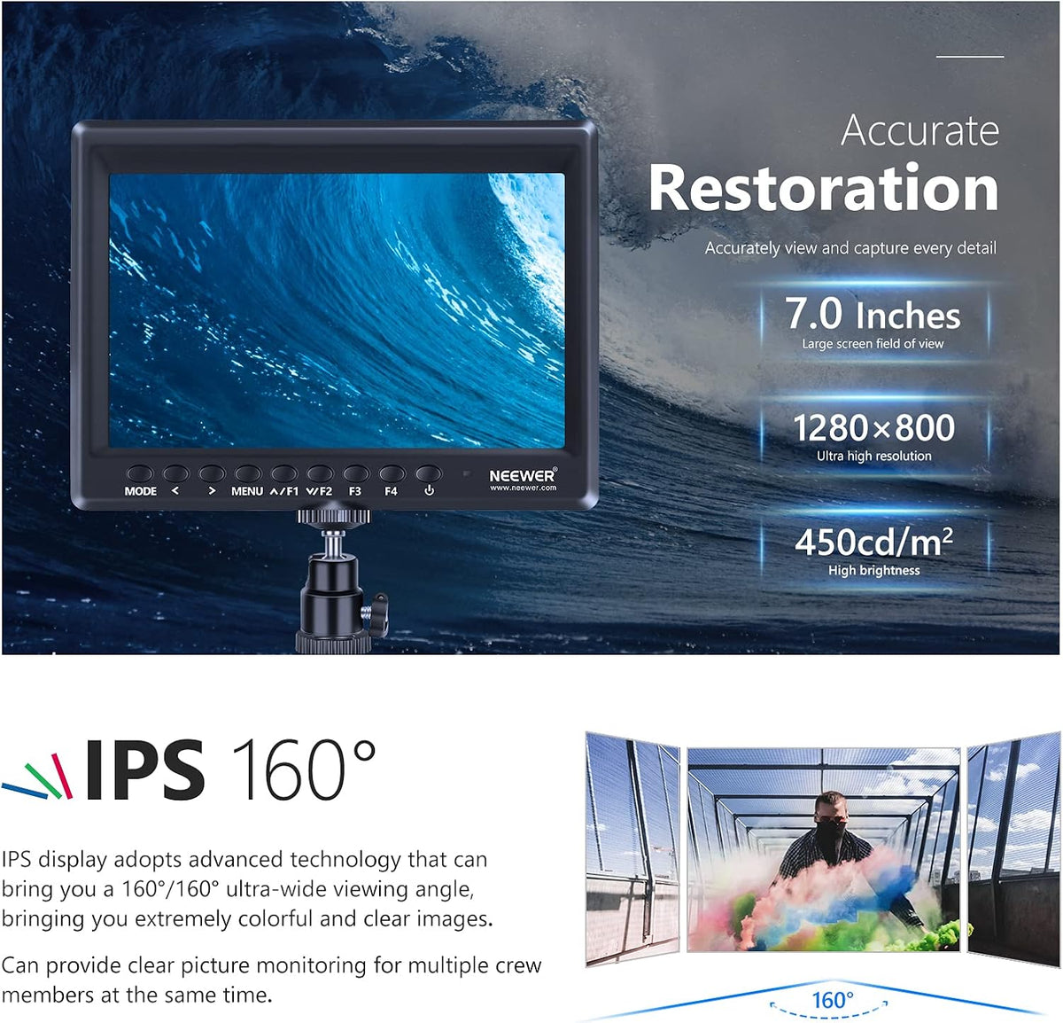 Neewer F100 7 inch camera Field Monitor Video Assist Slim IPS 1280 x 800 HDMI-ingang 1080p met parasol voor filmvideo-opname platform (batterij en adapter niet inbegrepen)