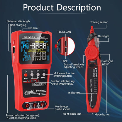 Netwerkkabeltester, draadtracker, geluidsgenerator, ethernet, tester, multimeter, VFL 3 in 1 RJ45, CAT5, CAT6, CAT7, CAT8, RJ11, klank, BNC tester, PoE-testkabel, lengte kabel