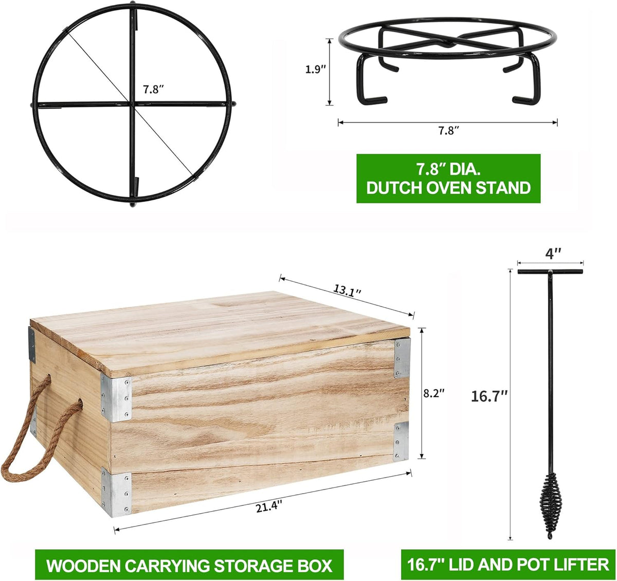 8 Piece Pre-Seasoned Dutch Oven Cooking Set Cast Iron Camping Kitchen Cookware Bakeware Frying Pans & Square Grill Pan w/ Vintage Carry Wooden Box for Ourdoor Home BBQ Baking - QUORE