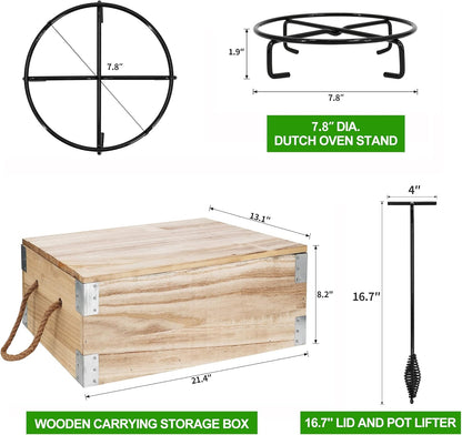 8 Piece Pre-Seasoned Dutch Oven Cooking Set Cast Iron Camping Kitchen Cookware Bakeware Frying Pans & Square Grill Pan w/ Vintage Carry Wooden Box for Ourdoor Home BBQ Baking - QUORE