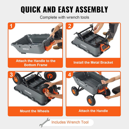 VEVOR 800 lbs Poly Dump Tuin Cart, Heavy Duty Yard Dump Cart Wagon, 4 wiel kruiwagen met 10" banden, 180 ° draaibare handgreep, stalen frame en Quick Release System