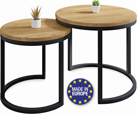 Modena, Set van 2 Salontafels van Massief Natuurlijk Eikenhout en Staal, Handgemaakt in Europa, Bijzettafel, Koffietafel, Coffee Table, Zwart, Ronde, Ø50x43 cm / Ø40x38 cm - QUORE