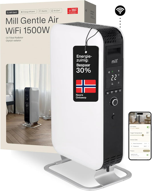 Mill olieradiator 1500W - stille, veilige en energiezuinige elektrische radiator wifi, tot 22 m² - elektrische kachel met app, oil radiator, electric heater, ontworpen in Noorwegen