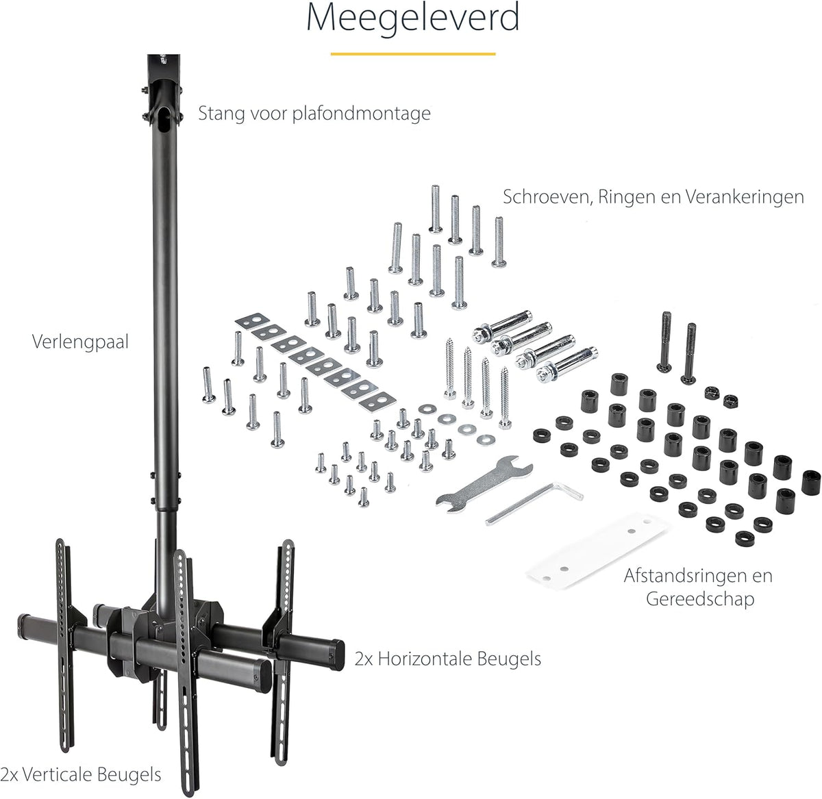 Dubbele plafondbeugel – Plafondbeugel, plafond tv beugel, tv ophangbeugel, dubbele tv beugel – Voor 2 schermen van 32 tot 75 inch – Verstelbare telescopische arm 1 tot 1,5 m, 360° draaibaar en geschikt voor schuine plafonds