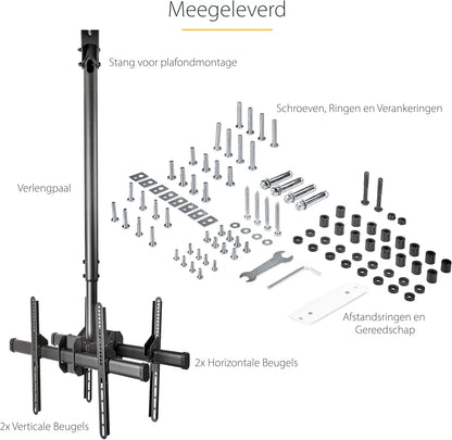 Dubbele plafondbeugel – Plafondbeugel, plafond tv beugel, tv ophangbeugel, dubbele tv beugel – Voor 2 schermen van 32 tot 75 inch – Verstelbare telescopische arm 1 tot 1,5 m, 360° draaibaar en geschikt voor schuine plafonds