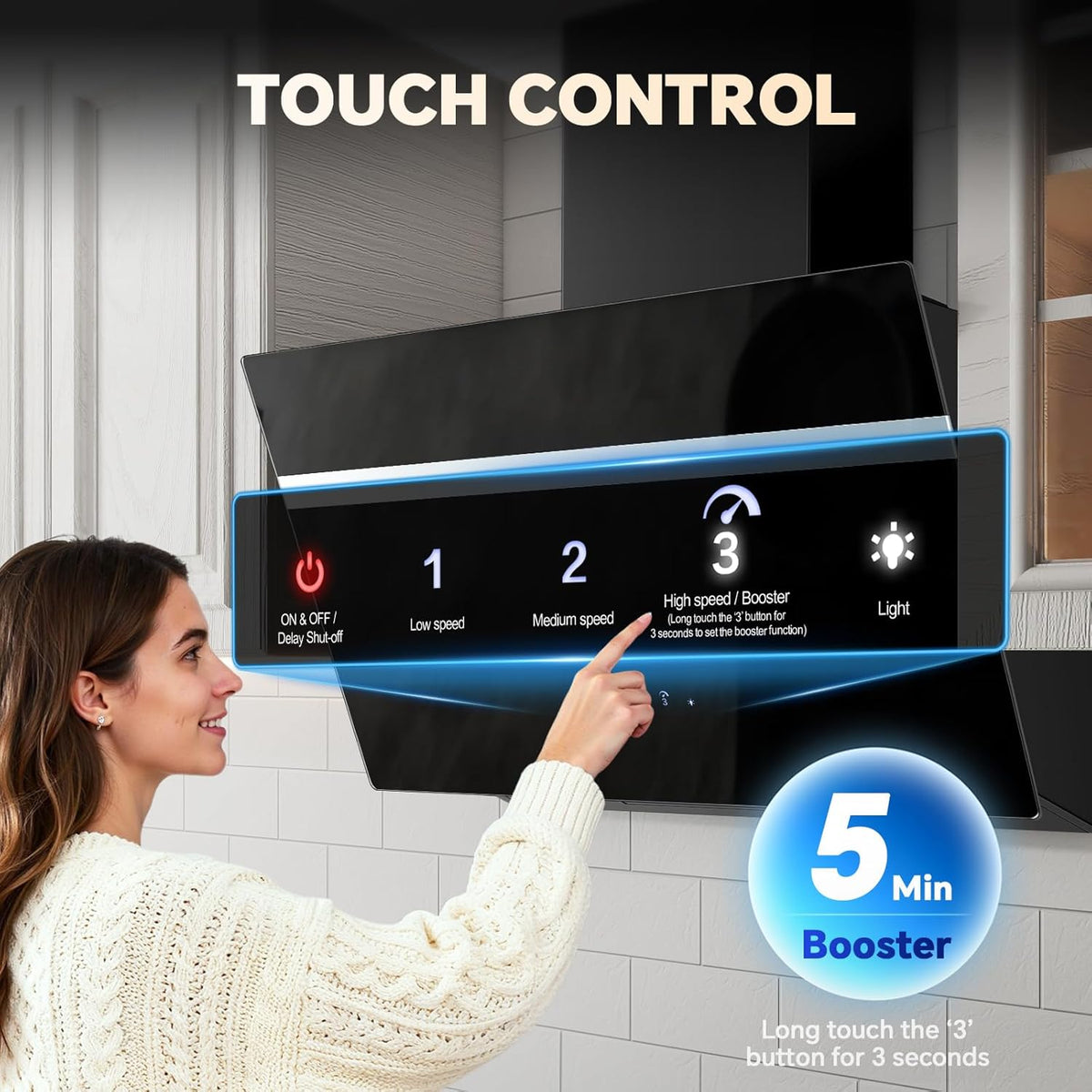 TopStrong Afzuigkap 60 cm, 800 m³/h afzuigkap convectie/afvoerlucht met actieve koolfilter, A+++, stille kopvrijkap met ledverlichting, wandkappen 3 standen + booster touchscreen, borstelloze motor