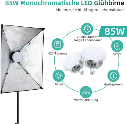 Complete Fotostudioset – Fotostudio Set – Softbox Set – Achtergrondsysteem – Studiolampen – 2,6 x 3 m Verstelbaar Aluminium Frame – 3 Katoenen Achtergronden Groen, Zwart En Wit
