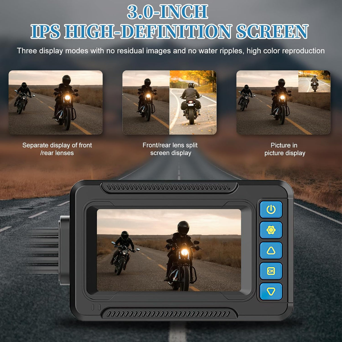OBEST Dubbele camerasysteem voor motorfiets, 3-inch scherm met lcd-display, 1080P, kan via mobiele telefoon, interne lusopname en GPS-systeem worden verbonden