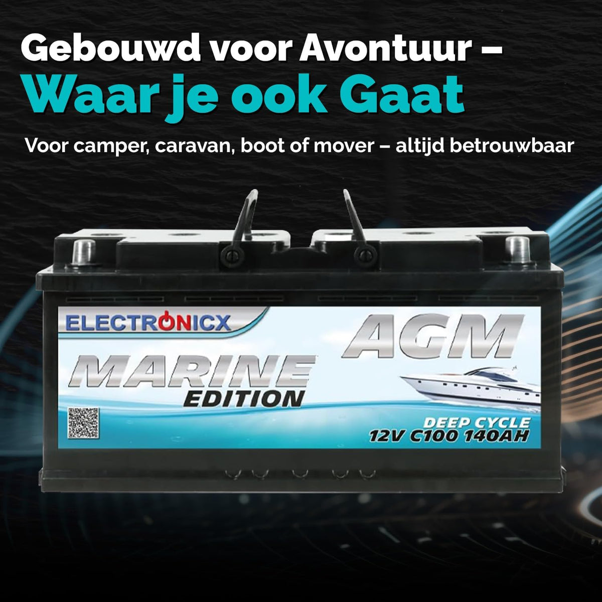 Electronicx AGM serviceaccu 12V 140Ah / 140 Ah – Hoogvermogenaccu met AGM-technologie, 393×175×190 mm, verzegeld, onderhoudsvrij, pluspool rechts, ideaal voor boot, zonne-energie