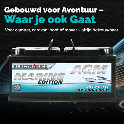 Electronicx AGM serviceaccu 12V 140Ah / 140 Ah – Hoogvermogenaccu met AGM-technologie, 393×175×190 mm, verzegeld, onderhoudsvrij, pluspool rechts, ideaal voor boot, zonne-energie