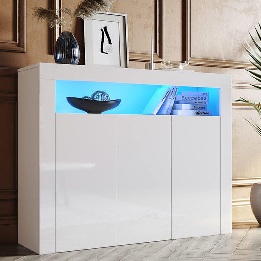 SONNI Sideboard White High Gloss with LED, 12 Colours Can Be Adjusted, 3 Doors, Cupboard, Comod Cabinet, Dresser for Kitchen, Dining Room, Living Room, 116 x 35 x 93 cm, GK002 - QUORE