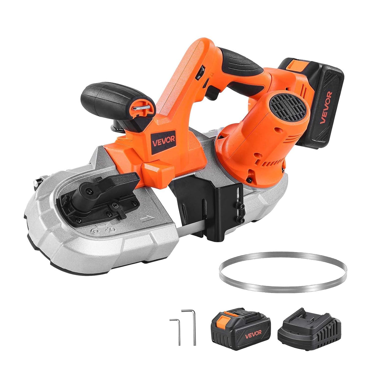 VEVOR 20 V cordless band saw, 65 x 65 mm cutting depth, metal band saw with brushless motor, 4000 mAh battery and charger, 0-192 m/min variable speed, ideal for cutting metal and wood