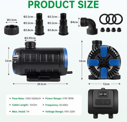 Regelbare vijverpomp voor buiten, 15000 l/u, 37 W-180 W, instelbare beekpomp met multifunctionele controller, filterpomp, vijverpomp, eco-pomp voor tuinvijver, visvijver, fonteinen